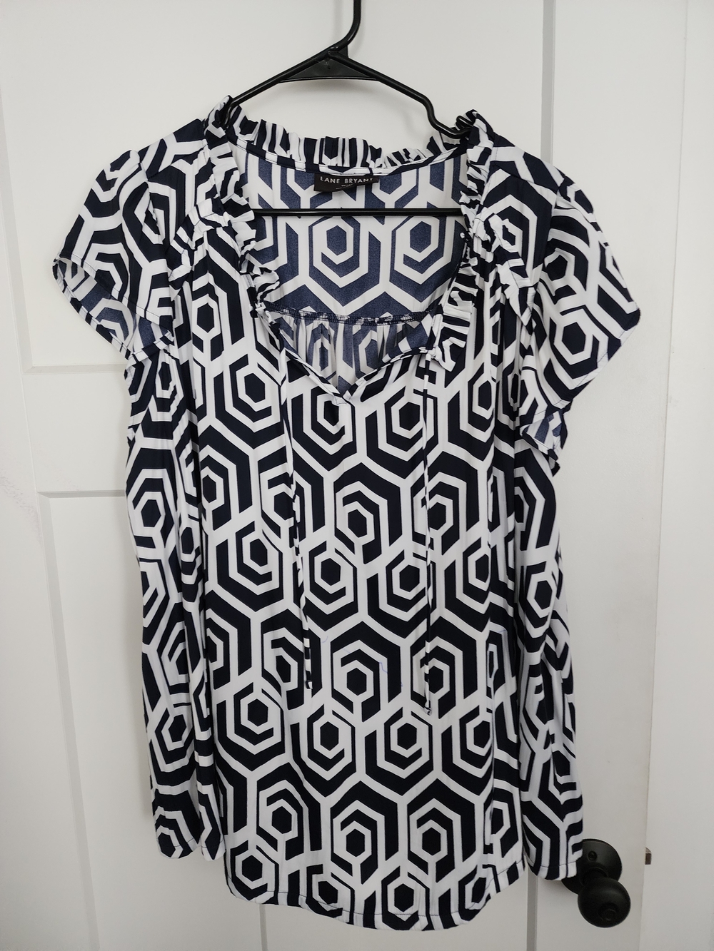 Lane Bryant Navy & White Geometric Ruffle Tie-Neck Blouse
